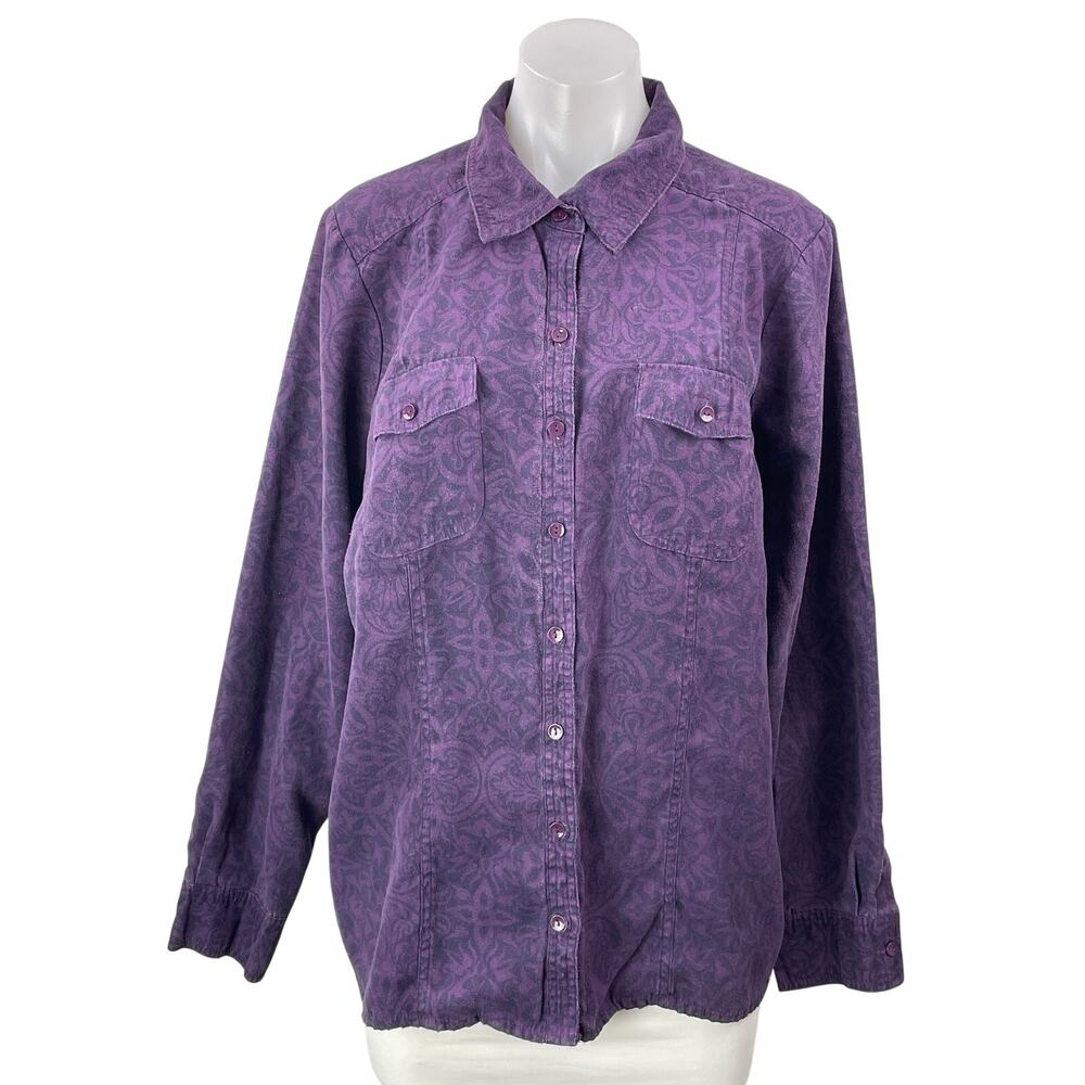 Croft & Barrow Women's Purple Paisley Long Sleeve Button Down Shirt Top Size XL